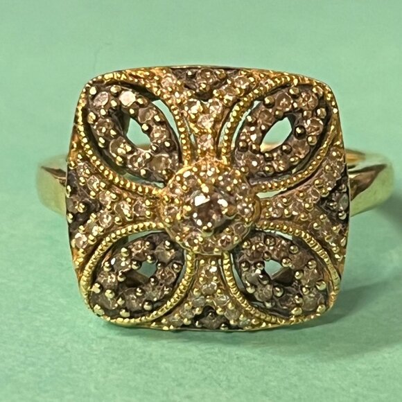 Estate Chocolate & Vanilla Diamonds 14k Solid Gold Ring Size 7 - Picture 3 of 10